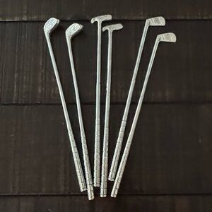 Set‎ of 6 Silver Golf Club Stir Sticks Swizzle Barwear Bar Cart Drink Vintage